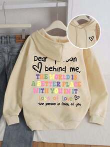 The World Is Better For You "Letter Printed Plus Size Sportswear Fall Tops Women, Women's Autumn And Winter Casual Plus Size Sweet And Gentle Temperament Slim Fit Long Sleeved Drawstring Hoodie, Suitable For Daily Wear,Fall Clothes Plus Size