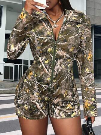 Fall/Winter Plus Size Jumpsuit Sports Knitted Camouflage Printed Front Zipper Slim Fit Jumpsuit.