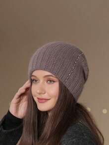 1pc Women's Warm Double-Layer Knitted Hat, Fashionable Pearl Headband Earmuffs Beanie, Thick Knitted Hat For Mothers In Winter