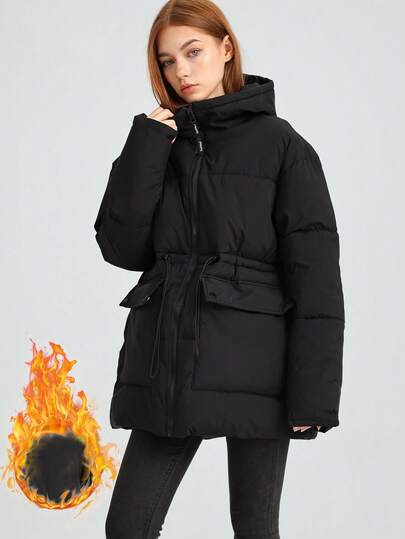 Nuovo cappotto imbottito con cappuccio nero da donna con coulisse e tasche, manica lunga regolare, giacca invernale