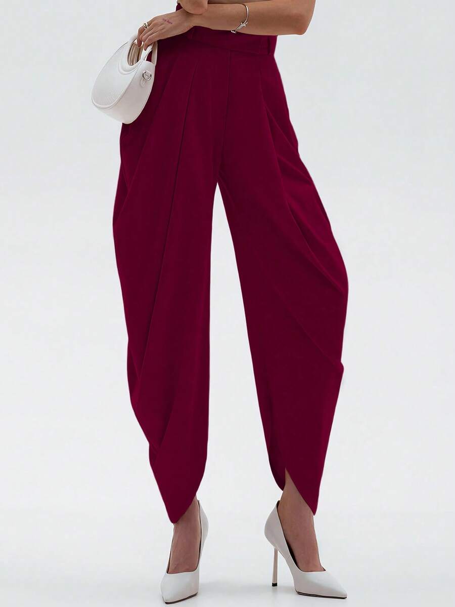 Women's Pleated Solid Color Casual Pants, Fashionable & Minimalist, Spring/Summer, Woven High-Density Matte Fabric 120G, Niche Design, Slimming Effect, Premium Quality - Burgundy - View 1