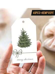 48pcs Christmas Gift Tags With Rope Presenting A Light Background With Watercolor Tree And Bow Design, Perfect For Gift Wrapping, Art Decorating, Seasonal Greetings And More, Evoking Holiday Elegance! - Multicolor - View 2