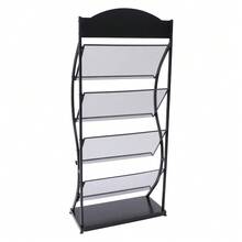 4-Tier Floor Magazine Rack Black - Curved Newspaper Display Stand With Sign Holder - 65cm Arc Design Storage For Publications - Freestanding Literature Organizer With Advertising Panel - Iron Construction Periodical Rack For Reception Areas - Black - View 6