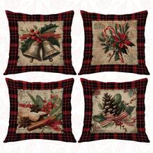4 件圣诞红色格子复古铃铛松果拐杖糖插图“一路响叮当”印花靠垫套 [无枕芯]，17.7*17.7 英寸 (45*45 厘米)/19.69*19.69 英寸 (50*50 厘米)/15.75*15.75 英寸 (40*40 厘米)，[单面印刷] 圣诞装饰涤纶抱枕套适用于沙发、床、客厅、卧室、汽车、办公室、酒店，四季皆宜，是送给家人和朋友的完美礼物 - 彩色 - 查看 4