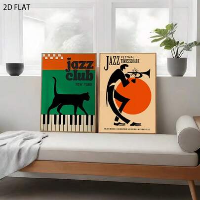 1/2PCS Jazz Club Modern Realistic Art Style Piano Black Cat Animal Oil Painting Canvas Painting Wall Art Decoration, Jazz Blowing Gentleman Cartoon Style Printed Poster Picture Room Decor, Corridor, Study, Bedroom Wall Decor, Autumn Decor(No Frame)