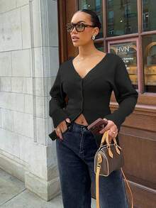 For Love & Bella Women's Sexy & Elegant Deep V-Neck Solid Brown Knit Cardigan, Fitted Minimalist Button Front Knit Sweater, Autumn/Winter - Black - View 2