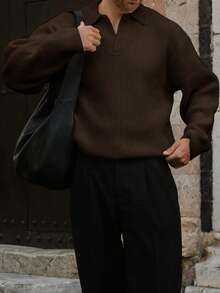 Men's Ribbed Polo Neck Sweater, Casual Loose Fit Pullover Knitted Top, Suitable For Autumn And Winter - màu nâu - Xem 5