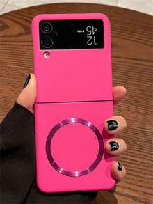 Luxury Solid Color Skin Friendly Frosted CD Pattern Magnetic Phone Case Compatible With Samsung Galaxy Z Flip 7 6 5 4 3 Support Wireless Charging Matte Folding Protect Back Cover - Hot Pink - View 3