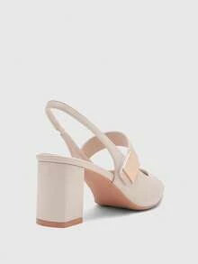 Sandalias de tacón alto grueso y puntera puntiaguda, cómodas y de moda, con hebilla cuadrada de color marfil - Beis - Ver 8