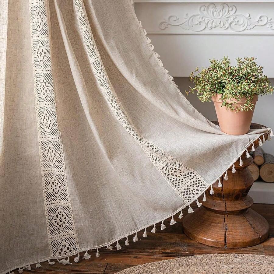 Sutuo Home Boho Curtain Semi-Blackout Crochet Hollow Lace Patchwork With Textured Linen Fabric, Handmade Tassels Rod Pocket Bohemian Window Drapes For Living Bedroom, 59" W X 84" L, 1 Panel - 亞麻拼布59寬x84公升1包 - 查看 1