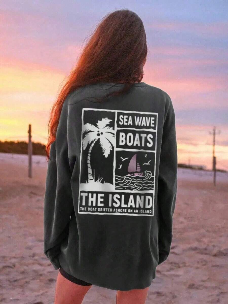 Autumn/Winter Women's Slogan & Palm Tree Print Round Neck Loose Casual T-Shirt, From Casual Day To Chic Night: Explore Our Women's Long Sleeve T-Shirts That Easily Adapt To Different Occasions And Create The Perfect Look - 深灰色 - 查看 1