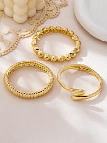 3 件/1 套简约时尚金色串珠波浪纹理不对称泪珠手链套装，适合女性，厚实光滑的金属和锌合金材质 - 金黃色 - 查看 3
