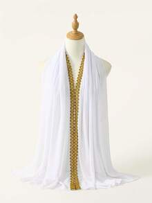 1pc Solid Color Faux Pearl & Gold Floral Chiffon Scarf, Casual Elegant Breathable Hijab, Suitable For Outdoor, Beach, Daily Wear For Dress,Holiday - Golden Double-sided Flower Chiffon Scarf - View 17