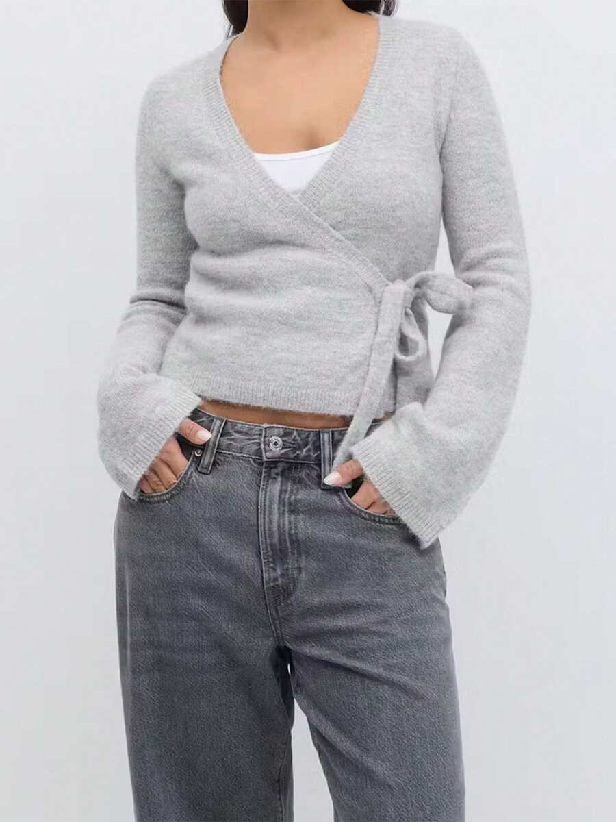 Women Tie Front Wrap Cardigan Solid V Neck Long Sleeve Crop Knit Sweater Casual Fall Clothes - Xám - Xem 1