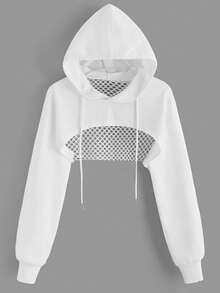 Fashionable Women's Sports Cropped Mesh Patchwork Loose Hoodie, Breathable Solid Color