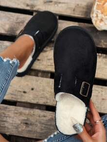 Women's Fluffy Faux Fur Lined Platform Slippers, Warm Bedroom Comfortable High Heel Slides, Closed Toe Indoor Outdoor Casual Flat Sandals - Black - View 3