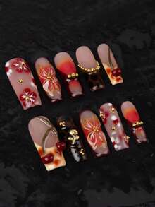 10 Pieces Of Handmade Constructed Blue French Long Square Fake Nails, Adorned With Gorgeous Rhinestone Accessories, Featuring Transparent 3D Stereo Water Wave And Flower Decorations, And A Gradient Fake Press-On Nail Set. Perfect For Daily Life, Making You Look Stunningly Beautiful.