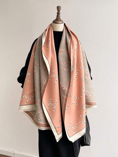 1 pezzo Sciarpa/Scialle grande da donna con motivo jacquard a lettera H e cavallo, avvolgente casual e caldo, adatto per uso quotidiano, colore a contrasto, regalo semplice