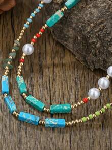 1pc Versatile Minimalist Bohemian Style Faux Turquoise & Pearl Beaded Necklace, Suitable For Men & Women, Elegant For Holidays, Parties, Daily Wear, Wonderful Gift For Halloween, Christmas, Thanksgiving