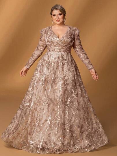 Faeriesty Mosy 惊艳亮片V领长袖晚礼服——奢华长款设计，适合红毯、婚礼和庆典活动 | 适合所有季节的优雅正装