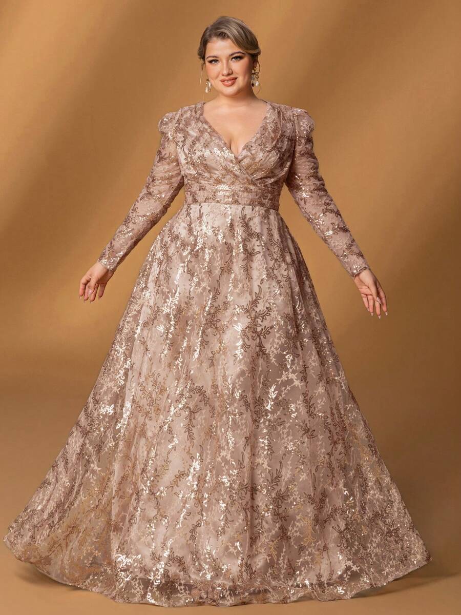 Faeriesty Mosy 惊艳亮片V领长袖晚礼服——奢华长款设计，适合红毯、婚礼和庆典活动 | 适合所有季节的优雅正装