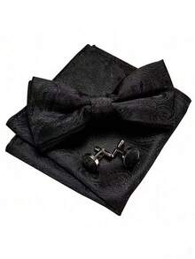 1pc Men's Formal Occasion Silk Adjustable Bow Tie, Pocket Square, Cufflinks 3 Pieces Set
