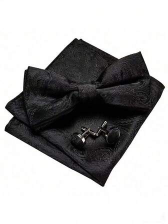 1pc Men's Formal Occasion Silk Adjustable Bow Tie, Pocket Square, Cufflinks 3 Pieces Set
