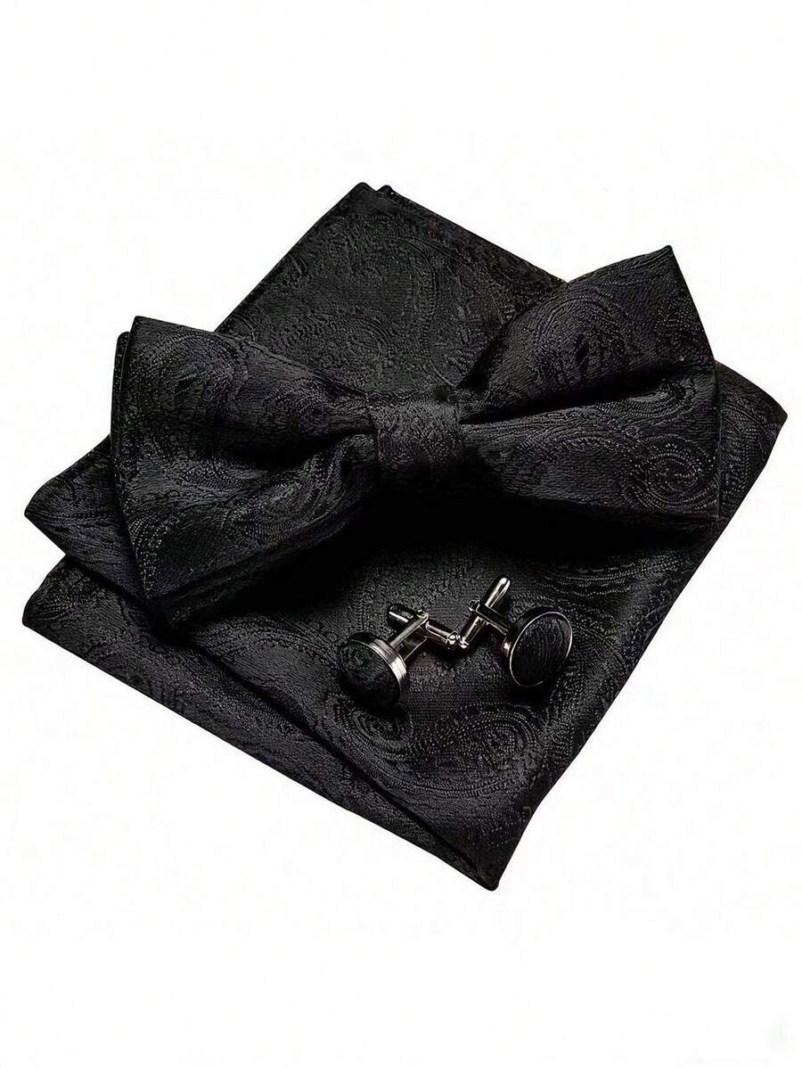 1pc Men's Formal Occasion Silk Adjustable Bow Tie, Pocket Square, Cufflinks 3 Pieces Set