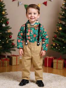BOARNSEORL 2pcs Young Boys Gentleman Outfit, Collared Long Sleeve Shirt With Bowknot And Suspender Pants, Fashionable And Stylish For Holidays, Christmas, Weddings, Birthday Parties, Events