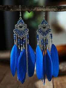 1 对波西米亚风格天然羽毛耳环（女士）