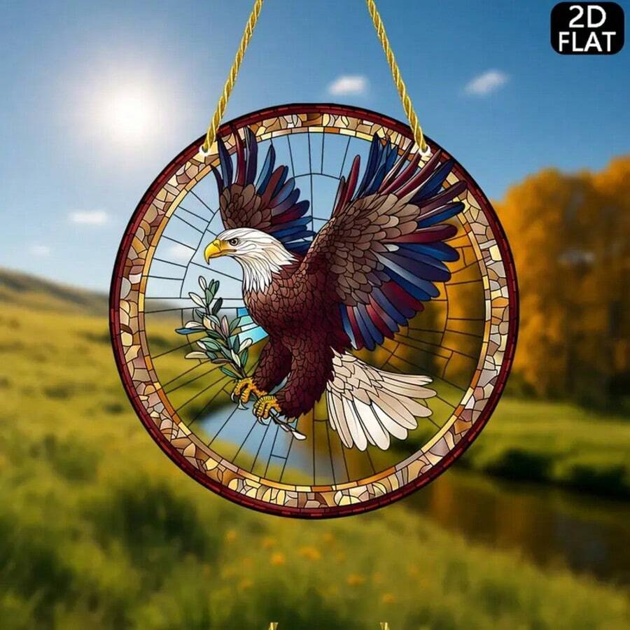1pc Majestic Bald Eagle Acrylic Suncatcher (8 Inch X 8 Inch) - Vibrant Stained Glass Style Window Hanging With Lifelike Eagle And Palm Leaf Design, Perfect For Home, Garden, Porch Decor - Great Housewarming Gift And Christmas Gift, Bird Wall Art, 2D Flat Acrylic, Lintel Decor, Bedroom Decor, Room Decor, Gift For Friends And Family