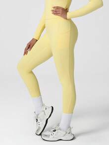Sodalemon Women's Fitness Yoga Leggings, Side Pockets, Seamless Front, Casual Workout Pants, Sports Running Tights - Vàng nhạt - Xem 4