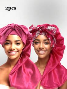 2pcs Bonnets Set,Satin Long Bonnet For Women, Adjustable Sleep Cap With Tie Band,Long Bonnet For Curly Or Dreadlocks Hair,Large Braid Bonnet Silky Hair Cap For Locs Women Sleeping.(Random Print)