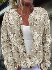 Autumn-Winter Women's Elegant Crew Neck Cardigan With Random 2D Floral Patterns, Long Sleeve Buttons, Placket, Regular Length Coat Cardiga "Printed Design – Not Textured" - Màu sắc hỗn hợp - Xem 2