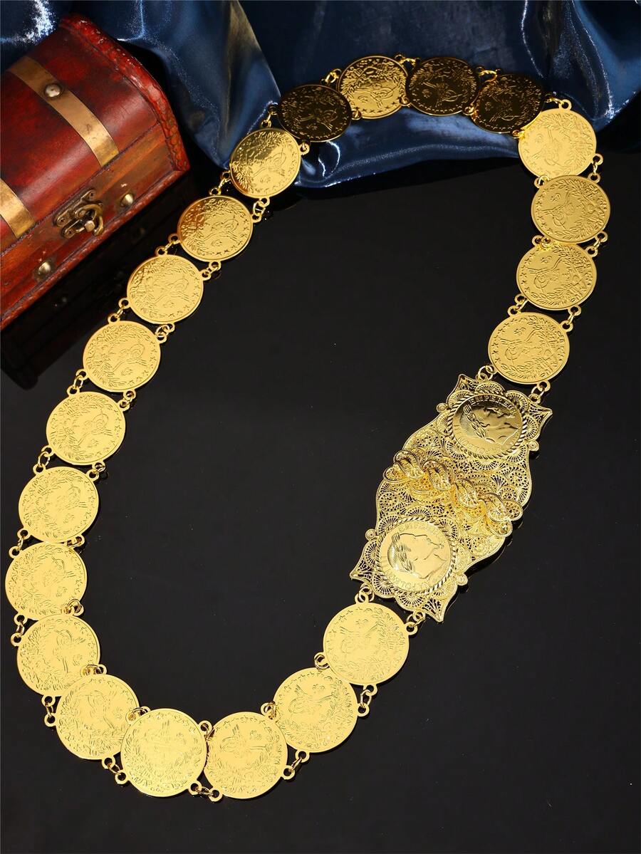 一件女士阿拉伯风格长袍，配金色腰带，土耳其硬币形状，宫廷风格，镂空雕刻腰带扣，珠宝腰链，适合女士婚礼、节日、派对等场合，长度可调节 - 彩色 - 查看 1