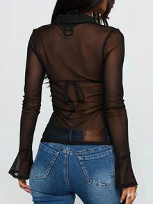 Women Sheer Long Sleeve Tops See Through Mesh Blouses  Button Down Shirts Tunic - Black - View 4