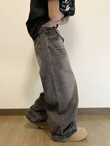 Hearty Haven 男士加大码水洗宽松牛仔裤，休闲舒适百搭阔腿牛仔裤，四季皆宜（不含腰带和配饰） - 灰色 - 查看 3