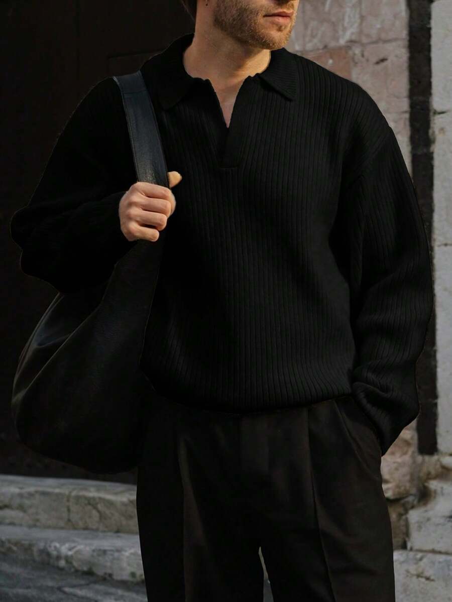Men's Ribbed Knit Polo Neck Sweater, Casual Loose Fit Pullover, Suitable For Autumn And Winter - màu đen - Xem 1