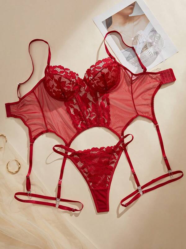 Sexy Lingerie Red Lace Sexy Lingerie Set, Sexy Perspective, Adds Seductive Charm, Showcases Charming Charm, Perspective Red Sexy Lingerie, Lace Temptation, Adds Seductive Power, Can Be Worn Outside In Nightclubs Daily, Women's Romantic Wine Red Cool Sexy Lace Lingerie Set With Hanging Buckle Socks+Wine Red Lace Underwear+Leg Rings Two Pieces Set Of Sexy Sexy Lingerie Set