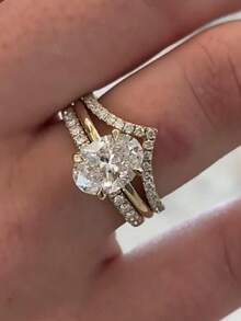 rundraw 3件套独特椭圆形切割立方氧化锆新娘套装，订婚戒指，承诺戒指，结婚戒指套装，永恒戒指，适合作为礼物，圣诞节，新年珠宝礼品 - 金色 - 查看 6