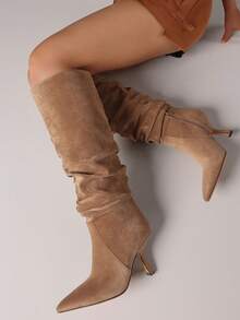 Women Kitten Heel Boots Knee High Winter Ruched Slouchy Luxury Pointed Toe Elegant Party Dress Office Lady Shoes - 卡其色絨面 - 查看 4