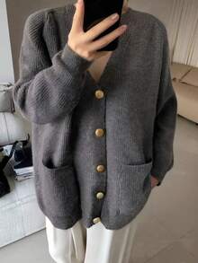 Alicedudu Áo khoác cardigan dệt kim mỏng họa tiết sọc dọc tối giản dành cho nữ, Thu/Đông - Xám đậm - Xem 5