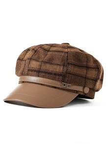 1 pieza Boina retro elegante, con estampado de cuadros y decoración de letra metálica, estilo gorra de periódico, adecuada para uso diario de mujeres