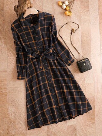 Plus Size Women Casual Vintage Plaid Long Sleeve Dress, Autumn