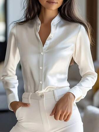 Women's Elegant Satin Long Sleeve Shirt - Versatile Solid Color Button-Up Blouse, Classic Collar, Soft & Smooth Fabric, Machine Washable & Dry Cleanable, Suitable For Office, Casual And Formal Occasions, High-End Style, Easy Care Fabric, Suitable For Spring, Summer, Autumn And Winter