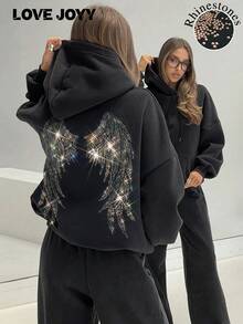 LOVE JOYY High Street Fashion Women Loose Long Sleeve Pullover Hoodie, Angel Wings Rhinestone Decor, Pocket, Bling Bling Street Style Sweatshirt For Autumn/Winter - Black - View 2