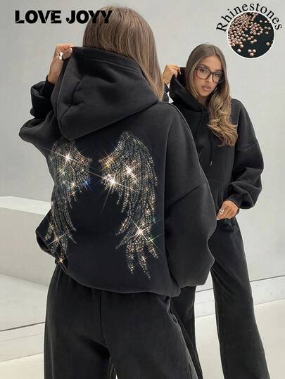 LOVE JOYY High Street Mode Dam Långärmad Tröja med Änglavingar och Strassdekor, Fickor, Bling Bling Street Style Sweatshirt För Höst/Vinter