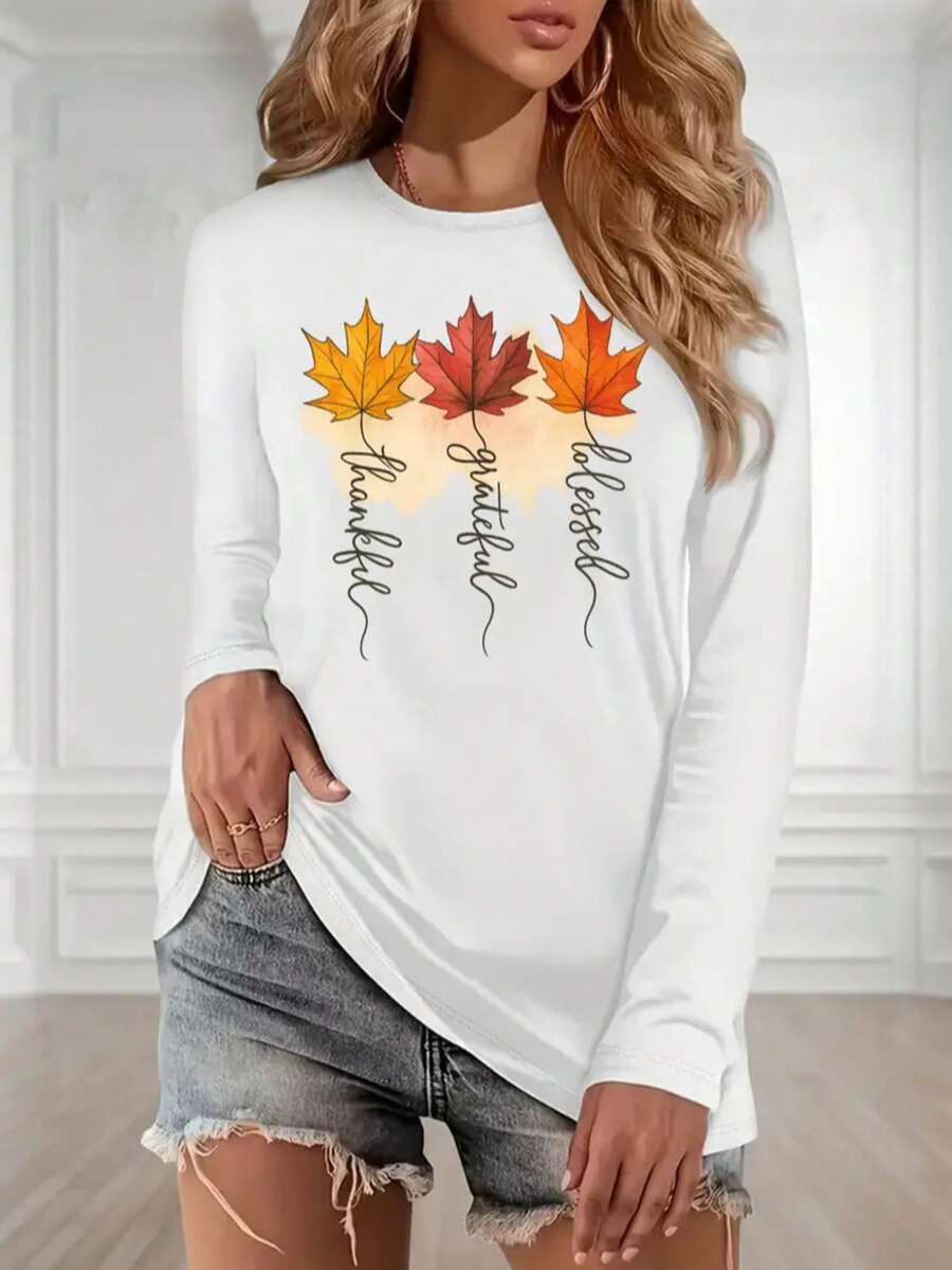 Fall Clothes For Women Maple Leaf Graphic Tees,Comfortable Casual Letter Print Crew Neck Long-Sleeved T-Shirts,Going Out Tops Women For Home Or Outdoor,Skin-Friendly Women's Tops Perfect For Autumn