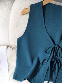 Set de 2 piezas de conjunto informal de mujer de unicolor con nudo, para primavera/verano - Azul - Ver 6