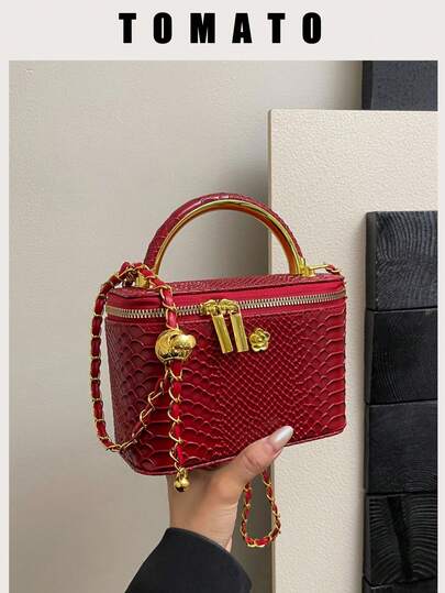 1 件黑色休闲百搭手提小方包，时尚刺绣格纹面料，适合办公室、手机、口红、硬币收纳